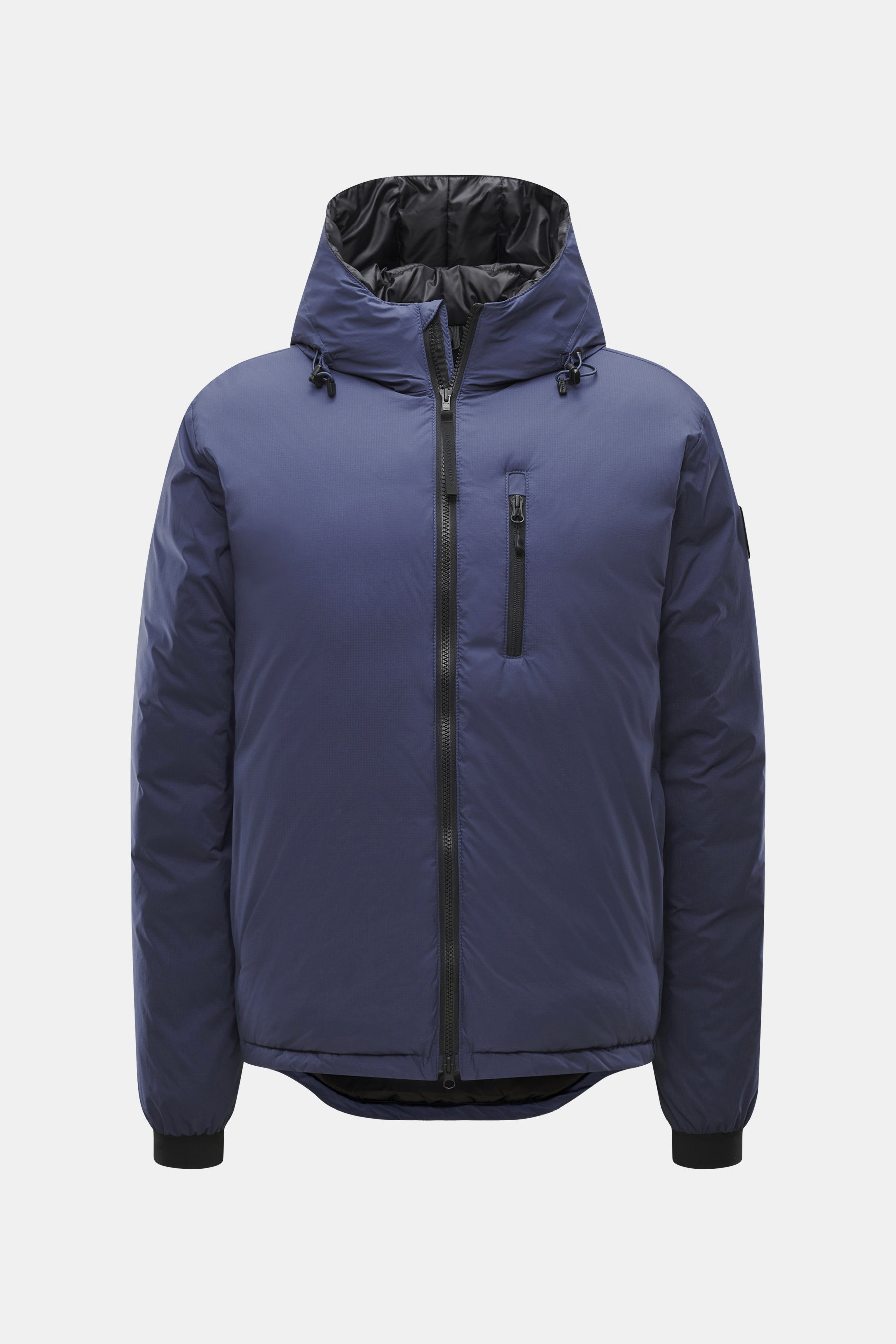 Front view of Canada Goose Down Jacket 'Lodge Hoody' Dark Blue, a lightweight, packable down jacket with padded hood, ripstop microfiber fabric, wind- and water-repellent, slim fit, two-way zipper, zippered chest and side pockets, elastic cuffs, adjustabl