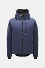 Front view of Canada Goose Down Jacket 'Lodge Hoody' Dark Blue, a lightweight, packable down jacket with padded hood, ripstop microfiber fabric, wind- and water-repellent, slim fit, two-way zipper, zippered chest and side pockets, elastic cuffs, adjustabl