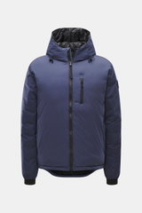 Front view of Canada Goose Down Jacket 'Lodge Hoody' Dark Blue, a lightweight, packable down jacket with padded hood, ripstop microfiber fabric, wind- and water-repellent, slim fit, two-way zipper, zippered chest and side pockets, elastic cuffs, adjustabl