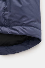 Canada Goose Down Jacket 'Lodge Hoody' Dark Blue close-up from below showing ripstop microfiber fabric, padded hem, and quilted lining.