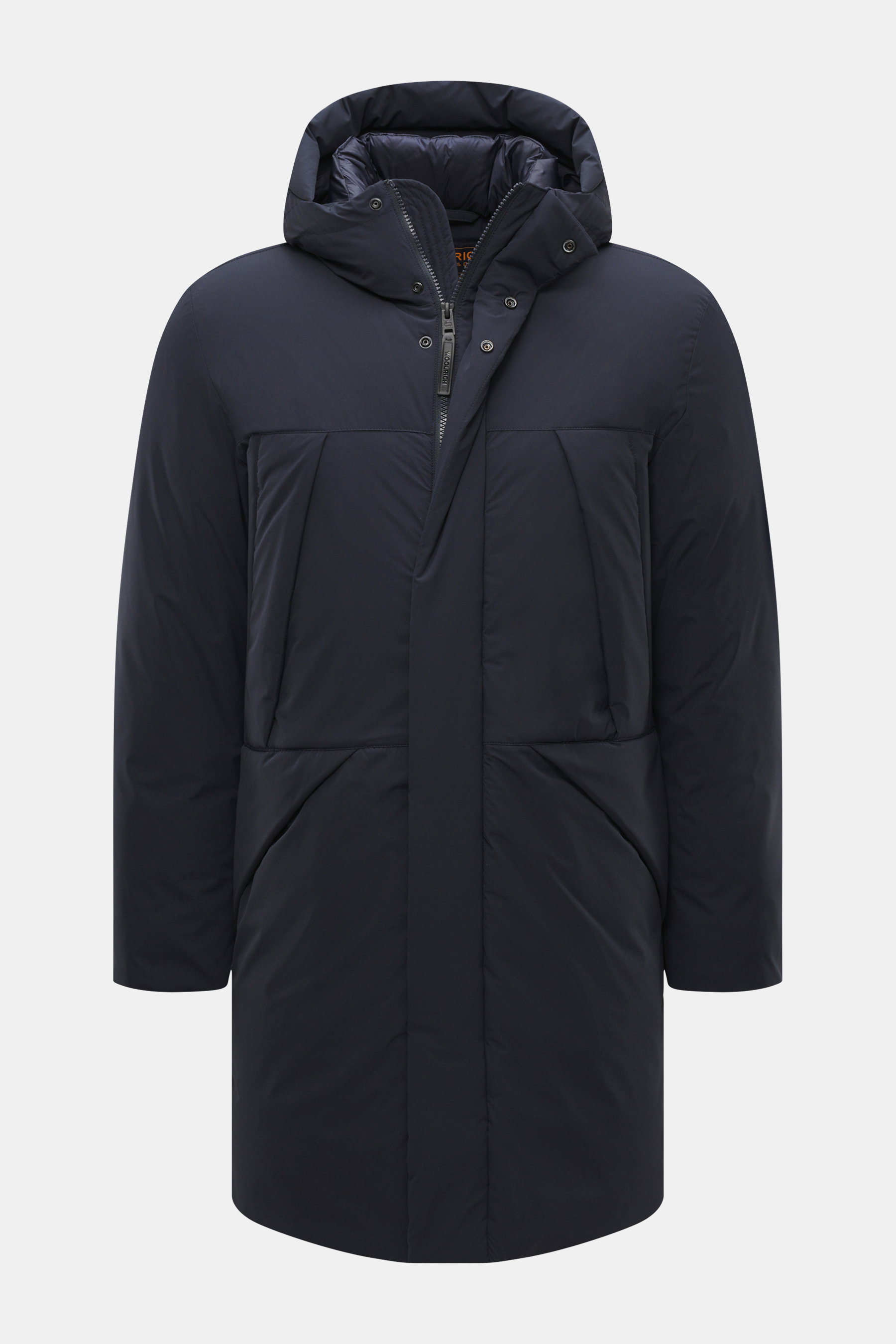 Front view of Woolrich Down jacket 'Matt' navy, featuring high-quality microfiber, wind- and water-repellent fabric, warm down filling, slim fit, durable two-way zipper, wind flap with snap buttons, high-closing collar with hood, hand warming pockets, fro