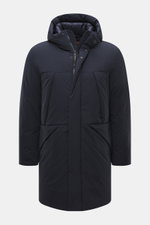 Front view of Woolrich Down jacket 'Matt' navy, featuring high-quality microfiber, wind- and water-repellent fabric, warm down filling, slim fit, durable two-way zipper, wind flap with snap buttons, high-closing collar with hood, hand warming pockets, fro