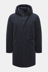 Front view of Woolrich Down jacket 'Matt' navy, featuring high-quality microfiber, wind- and water-repellent fabric, warm down filling, slim fit, durable two-way zipper, wind flap with snap buttons, high-closing collar with hood, hand warming pockets, fro