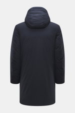 Woolrich Down jacket 'Matt' navy shown from the back, slim fit with high-quality microfiber, wind- and water-repellent, warm down filling, durable two-way zipper, wind flap with snap buttons, high-closing collar with hood, hand warming pockets, front pock