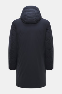Woolrich Down jacket 'Matt' navy shown from the back, slim fit with high-quality microfiber, wind- and water-repellent, warm down filling, durable two-way zipper, wind flap with snap buttons, high-closing collar with hood, hand warming pockets, front pock