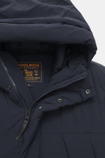 Close-up front view of Woolrich Down jacket 'Matt' navy showing high-quality microfiber fabric, wind- and water-repellent shell, warm down filling, slim fit, durable two-way zipper, wind flap with snap buttons, high-closing collar with hood, hand warming 