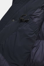 Close-up image of the Woolrich Down jacket 'Matt' navy, showing the high-quality microfiber fabric and durable two-way zipper from an angled top-down perspective, featuring wind- and water-repellent, warm down filling, wind flap with snap buttons, high-cl