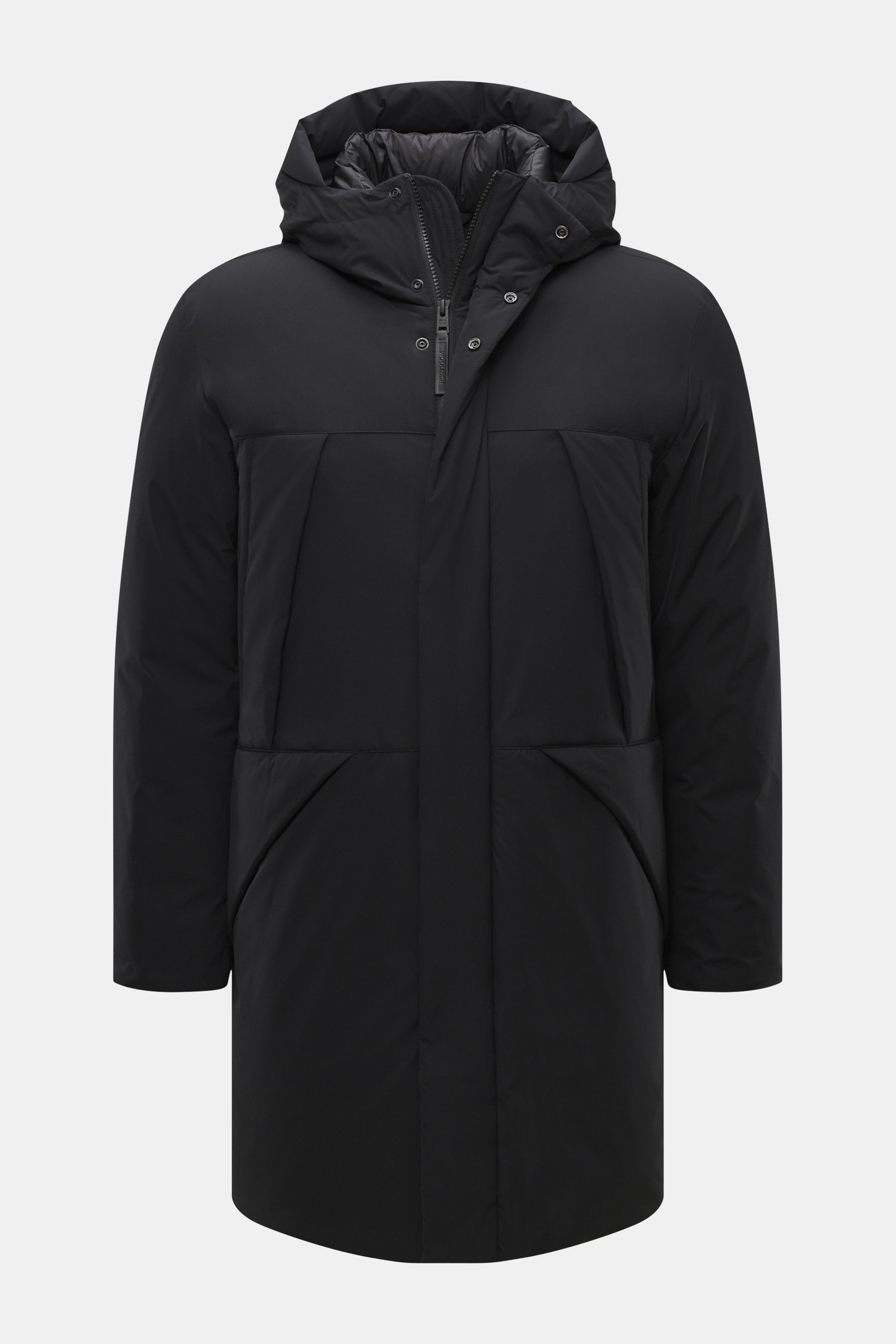 Woolrich Down jacket 'Matt' black shown from front, slim fit with high-quality microfiber, wind- and water-repellent, warm down filling, durable two-way zipper, wind flap with snap buttons, high-closing collar with hood, hand warming pockets, front pocket