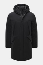 Woolrich Down jacket 'Matt' black shown from front, slim fit with high-quality microfiber, wind- and water-repellent, warm down filling, durable two-way zipper, wind flap with snap buttons, high-closing collar with hood, hand warming pockets, front pocket