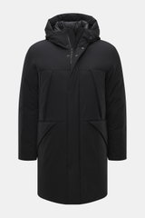 Woolrich Down jacket 'Matt' black shown from front, slim fit with high-quality microfiber, wind- and water-repellent, warm down filling, durable two-way zipper, wind flap with snap buttons, high-closing collar with hood, hand warming pockets, front pocket