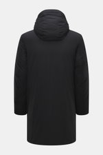 Woolrich Down jacket 'Matt' black shown from back, slim fit, high-quality microfiber, wind- and water-repellent, warm down filling, durable two-way zipper, wind flap with snap buttons, high-closing collar with hood, hand warming pockets, front pockets wit