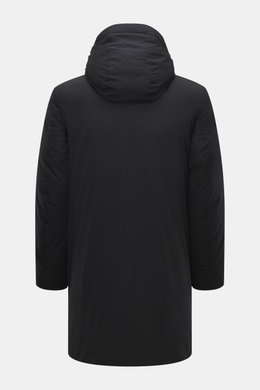 Woolrich Down jacket 'Matt' black shown from back, slim fit, high-quality microfiber, wind- and water-repellent, warm down filling, durable two-way zipper, wind flap with snap buttons, high-closing collar with hood, hand warming pockets, front pockets wit