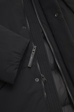 Close-up front view of Woolrich Down jacket 'Matt' black, showing high-quality microfiber, wind- and water-repellent fabric, warm down filling, slim fit, durable two-way zipper, wind flap with snap buttons, high-closing collar with hood, hand warming pock