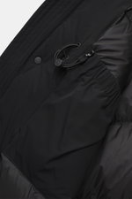 Close-up view of the Woolrich Down jacket 'Matt' black, showing high-quality microfiber, wind- and water-repellent fabric, warm down filling, slim fit, durable two-way zipper, wind flap with snap buttons, high-closing collar with hood, hand warming pocket