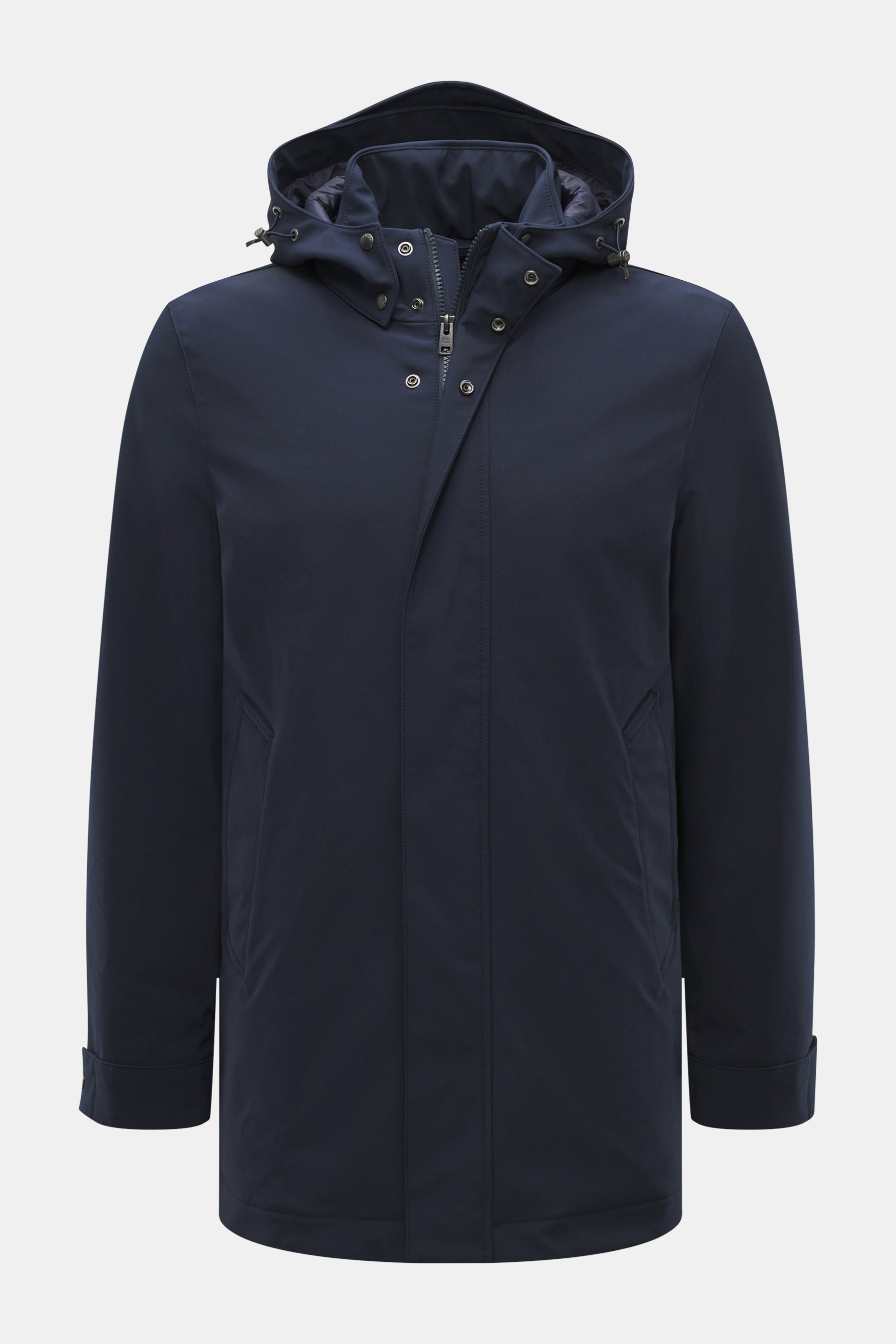 Front view of Woolrich Softshell down jacket 'Barrow' dark blue, slim fit, softshell elastic microfiber, smooth feel, water-repellent, lightweight duck down and graphene filling, two-way zipper, wind flap with snap buttons, high stand-up collar, detachabl