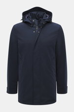 Front view of Woolrich Softshell down jacket 'Barrow' dark blue, slim fit, softshell elastic microfiber, smooth feel, water-repellent, lightweight duck down and graphene filling, two-way zipper, wind flap with snap buttons, high stand-up collar, detachabl
