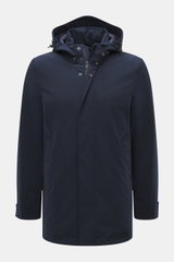 Front view of Woolrich Softshell down jacket 'Barrow' dark blue, slim fit, softshell elastic microfiber, smooth feel, water-repellent, lightweight duck down and graphene filling, two-way zipper, wind flap with snap buttons, high stand-up collar, detachabl