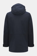 Woolrich Softshell down jacket 'Barrow' dark blue shown from the back, slim fit with detachable hood, elastic microfiber softshell, water-repellent, duck down and graphene filling.