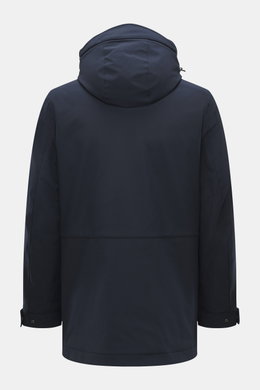 Woolrich Softshell down jacket 'Barrow' dark blue shown from the back, slim fit with detachable hood, elastic microfiber softshell, water-repellent, duck down and graphene filling.
