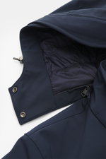 Close-up shot of the detachable hood of Woolrich Softshell down jacket 'Barrow' dark blue, made of elastic microfiber softshell with smooth feel, water-repellent, lightweight duck down and graphene fiber filling, slim fit, two-way zipper, wind flap with s