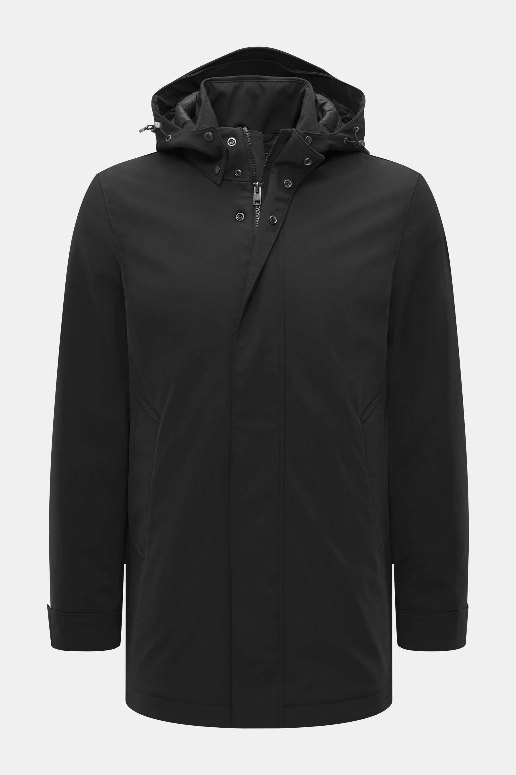 Woolrich Softshell down jacket 'Barrow' black, front view, slim fit with water-repellent elastic microfiber, lightweight duck down filling, detachable hood, two-way zipper, wind flap, high stand-up collar, hand warming pockets, adjustable cuffs and waist,
