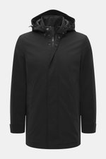 Woolrich Softshell down jacket 'Barrow' black, front view, slim fit with water-repellent elastic microfiber, lightweight duck down filling, detachable hood, two-way zipper, wind flap, high stand-up collar, hand warming pockets, adjustable cuffs and waist,