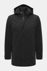 Woolrich Softshell down jacket 'Barrow' black, front view, slim fit with water-repellent elastic microfiber, lightweight duck down filling, detachable hood, two-way zipper, wind flap, high stand-up collar, hand warming pockets, adjustable cuffs and waist,