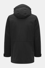 Woolrich Softshell down jacket 'Barrow' black shown from the back, softshell elastic microfiber, smooth feel, water-repellent, lightweight duck down and graphene filling, slim fit, two-way zipper, wind flap with snap buttons, high stand-up collar, detacha