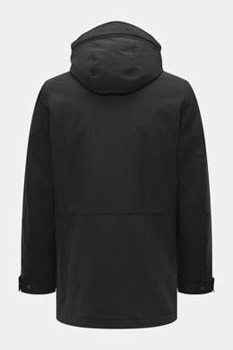 Woolrich Softshell down jacket 'Barrow' black shown from the back, softshell elastic microfiber, smooth feel, water-repellent, lightweight duck down and graphene filling, slim fit, two-way zipper, wind flap with snap buttons, high stand-up collar, detacha