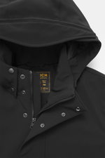 Woolrich Softshell down jacket 'Barrow' black shown from front top view, softshell made of elastic microfiber, smooth feel, water-repellent, filling made of lightweight duck down and graphene fibers, slim fit, two-way zipper, wind flap with snap buttons, 