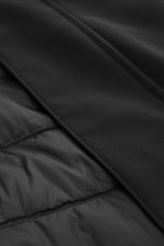 Close-up front view of the Woolrich Softshell down jacket 'Barrow' black showing softshell elastic microfiber, smooth feel, water-repellent fabric, lightweight duck down and graphene fiber filling, slim fit, two-way zipper, wind flap with snap buttons, hi