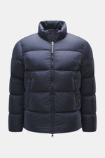Woolrich Down jacket dark blue shown front view, slim fit with high-quality microfiber, smooth feel, warm down filling, durable two-way zipper, piped front pockets, adjustable hem, quilted lining fabric, and two inner pockets.
