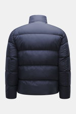 Woolrich Down jacket dark blue shown from the back, made of high-quality microfiber with smooth feel, warm down filling, slim fit, durable two-way zipper, piped front pockets, adjustable hem, quilted lining fabric, and two inner pockets.
