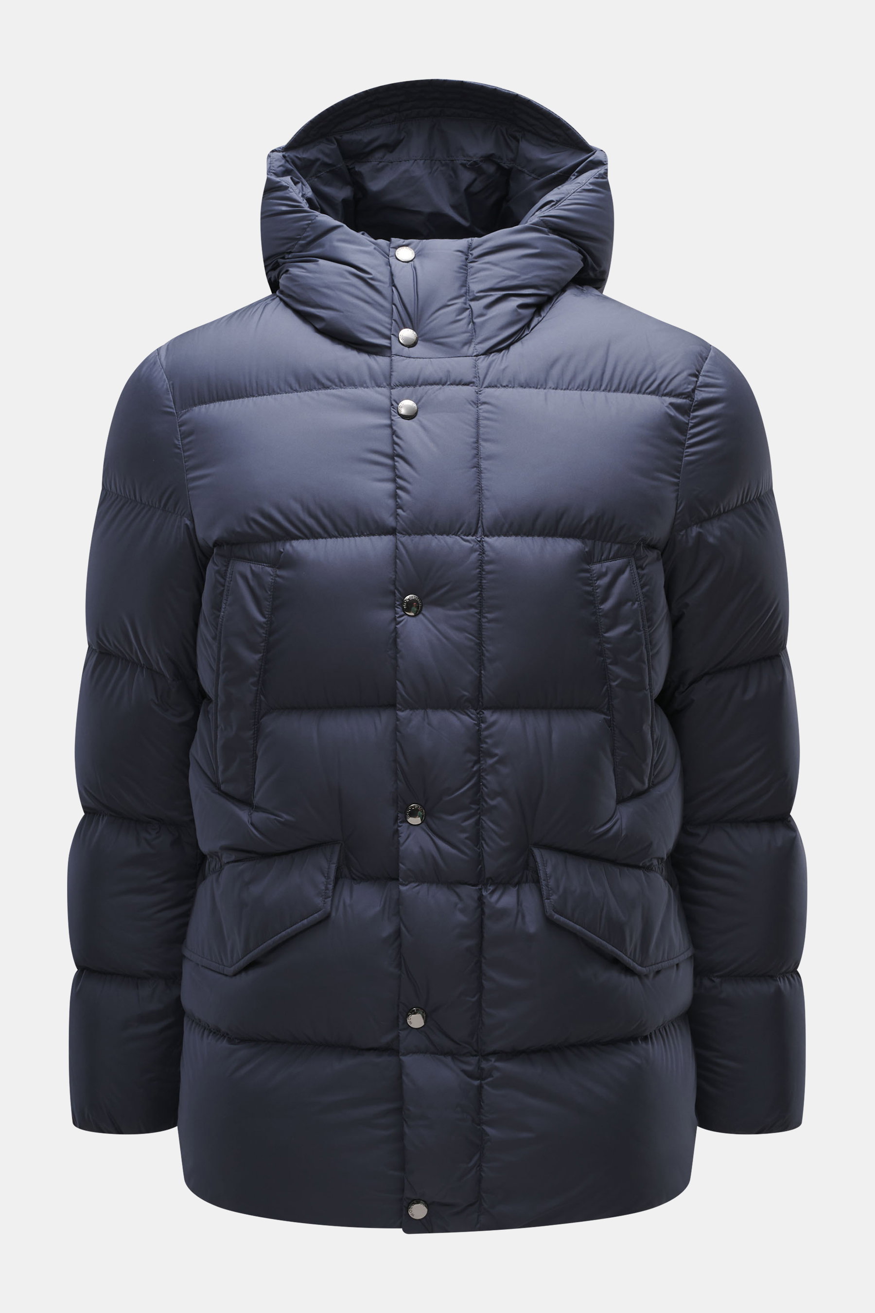 Woolrich Down jacket 'Cloud Davis' dark blue front view showing slim fit, high-quality microfiber, smooth touch, warm down filling, robust two-way zipper, welted hand warming pockets, front pockets with flap, practical hood, quilted lining fabric, and two