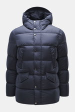 Woolrich Down jacket 'Cloud Davis' dark blue front view showing slim fit, high-quality microfiber, smooth touch, warm down filling, robust two-way zipper, welted hand warming pockets, front pockets with flap, practical hood, quilted lining fabric, and two