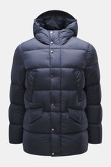 Woolrich Down jacket 'Cloud Davis' dark blue front view showing slim fit, high-quality microfiber, smooth touch, warm down filling, robust two-way zipper, welted hand warming pockets, front pockets with flap, practical hood, quilted lining fabric, and two