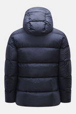 Woolrich Down jacket 'Cloud Davis' dark blue shown from the back, featuring high-quality microfiber, smooth touch, warm down filling, slim fit, robust two-way zipper, welted hand warming pockets, front pockets with flap, practical hood, quilted lining fab