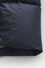 Woolrich Down jacket 'Cloud Davis' dark blue shown from a close-up side angle, featuring high-quality microfiber, smooth touch, warm down filling, slim fit, robust two-way zipper, welted hand warming pockets, front pockets with flap, practical hood, quilt
