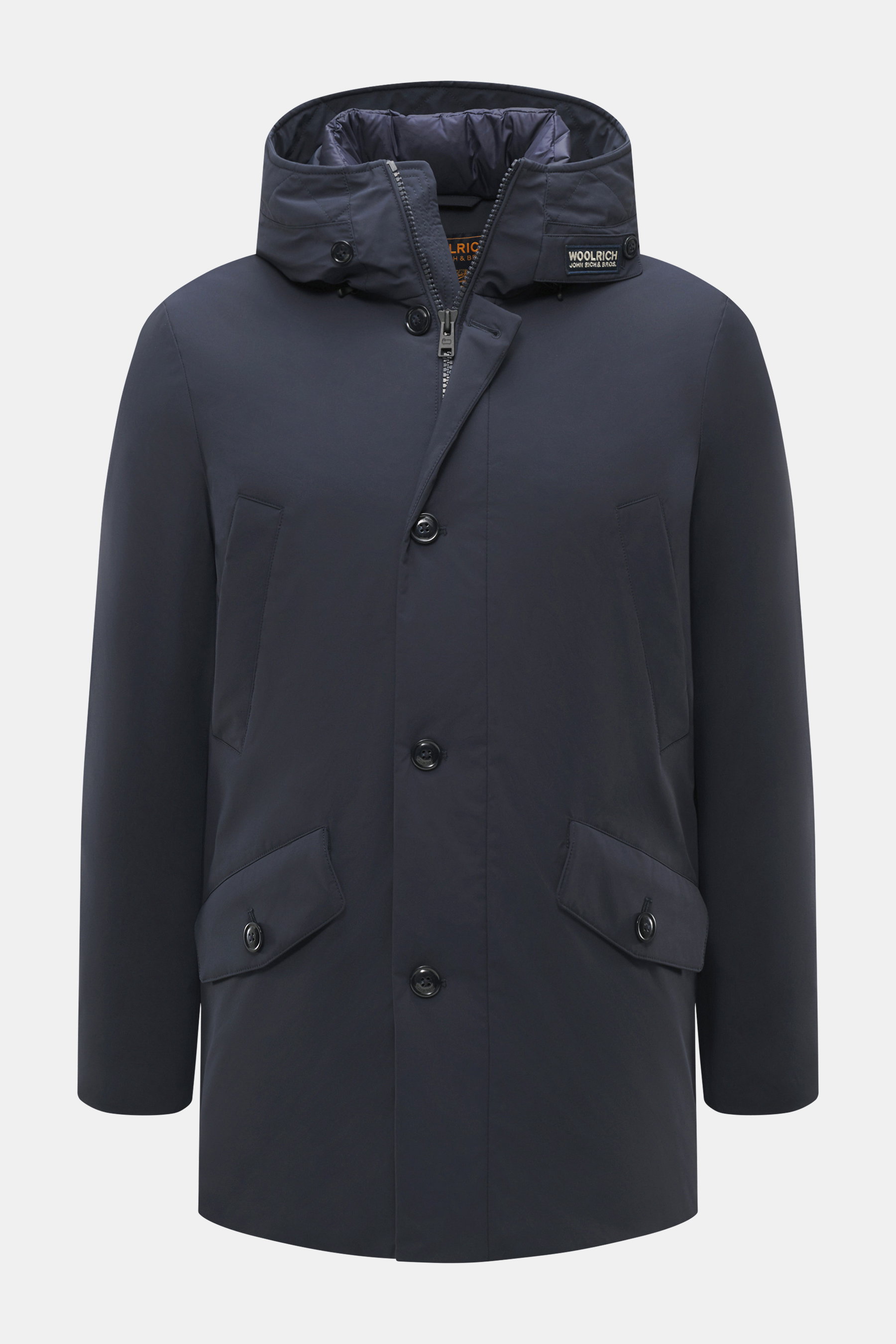 Woolrich Daunenparka 'Stretch Arctic' navy von vorne, hochwertige Microfaser, weicher Griff, wind- und wasserabweisend, leichte Daunenfüllung, Slim Fit, robuster Zwei-Wege-Reißverschluss, Windblende mit Knöpfen, wattierte Kapuze, Handwärmetaschen, Frontta