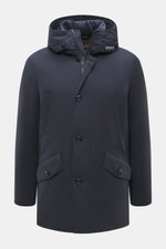 Woolrich Daunenparka 'Stretch Arctic' navy von vorne, hochwertige Microfaser, weicher Griff, wind- und wasserabweisend, leichte Daunenfüllung, Slim Fit, robuster Zwei-Wege-Reißverschluss, Windblende mit Knöpfen, wattierte Kapuze, Handwärmetaschen, Frontta