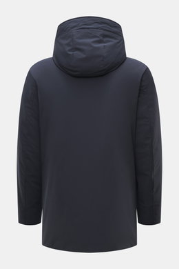 Rückansicht des Woolrich Daunenparka 'Stretch Arctic' navy, hochwertig aus Microfaser, weich, wind- und wasserabweisend, Slim Fit, mit Daunenfüllung, Kapuze, zwei-Wege-Reißverschluss, Windblende, Handwärmetaschen, Rippbündchen, verstellbarer Taille, Innen