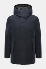 Front view of Woolrich Down jacket 'Heavy GTX' navy in slim fit, made of high-quality microfiber, wind- and water-repellent, warm down filling, robust two-way zipper, wind flap with buttons, high-closing collar with hood, side pockets, practical windproof