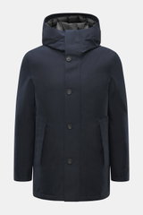Front view of Woolrich Down jacket 'Heavy GTX' navy in slim fit, made of high-quality microfiber, wind- and water-repellent, warm down filling, robust two-way zipper, wind flap with buttons, high-closing collar with hood, side pockets, practical windproof