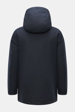 Back view of Woolrich Down jacket 'Heavy GTX' navy, photographed from behind, showing high-quality microfiber, wind- and water-repellent, warm down filling, slim fit, robust two-way zipper, wind flap with buttons, high-closing collar with hood, side pocke
