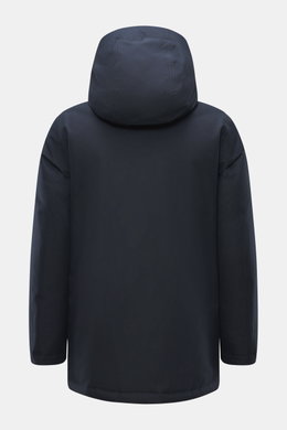 Back view of Woolrich Down jacket 'Heavy GTX' navy, photographed from behind, showing high-quality microfiber, wind- and water-repellent, warm down filling, slim fit, robust two-way zipper, wind flap with buttons, high-closing collar with hood, side pocke