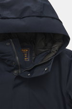 Woolrich Down jacket 'Heavy GTX' navy close-up from front top showing high-quality microfiber, wind- and water-repellent fabric, warm down filling, slim fit, robust two-way zipper, wind flap with buttons, high-closing collar with hood, side pockets, pract
