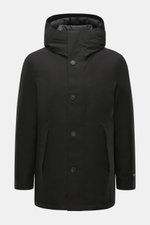 Front view of Woolrich Down jacket 'Heavy GTX' black made of high-quality microfiber, wind- and water-repellent with warm down filling, slim fit, robust two-way zipper, wind flap with buttons, high-closing collar with hood, side pockets, practical windpro