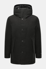 Front view of Woolrich Down jacket 'Heavy GTX' black made of high-quality microfiber, wind- and water-repellent with warm down filling, slim fit, robust two-way zipper, wind flap with buttons, high-closing collar with hood, side pockets, practical windpro