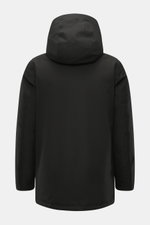 Woolrich Down jacket 'Heavy GTX' black shown from the back, featuring high-quality microfiber, wind- and water-repellent, warm down filling, slim fit, robust two-way zipper, wind flap with buttons, high-closing collar with hood, side pockets, practical wi