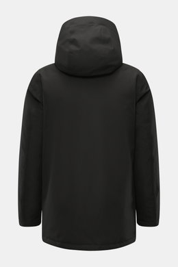Woolrich Down jacket 'Heavy GTX' black shown from the back, featuring high-quality microfiber, wind- and water-repellent, warm down filling, slim fit, robust two-way zipper, wind flap with buttons, high-closing collar with hood, side pockets, practical wi